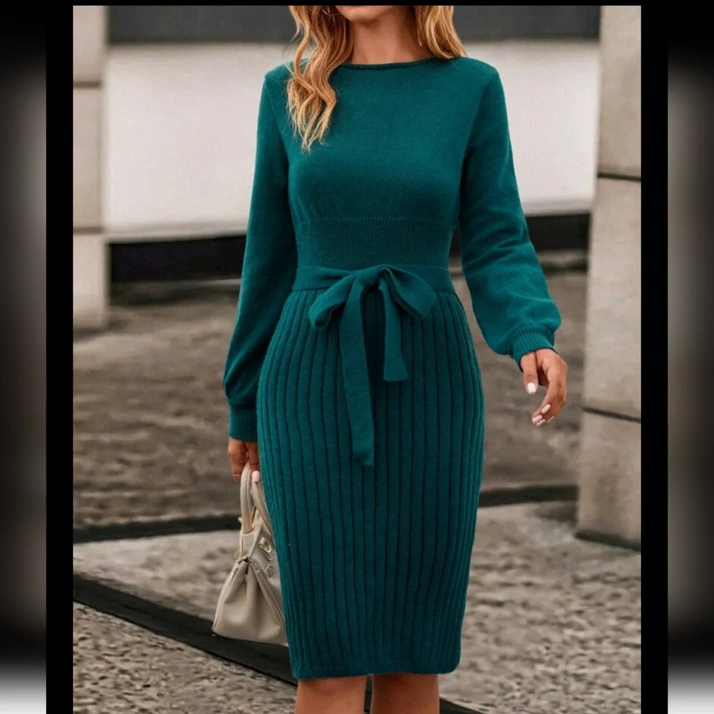 Solid Ribbed Knit Belted Sweater Dress - Picture 1 of 6